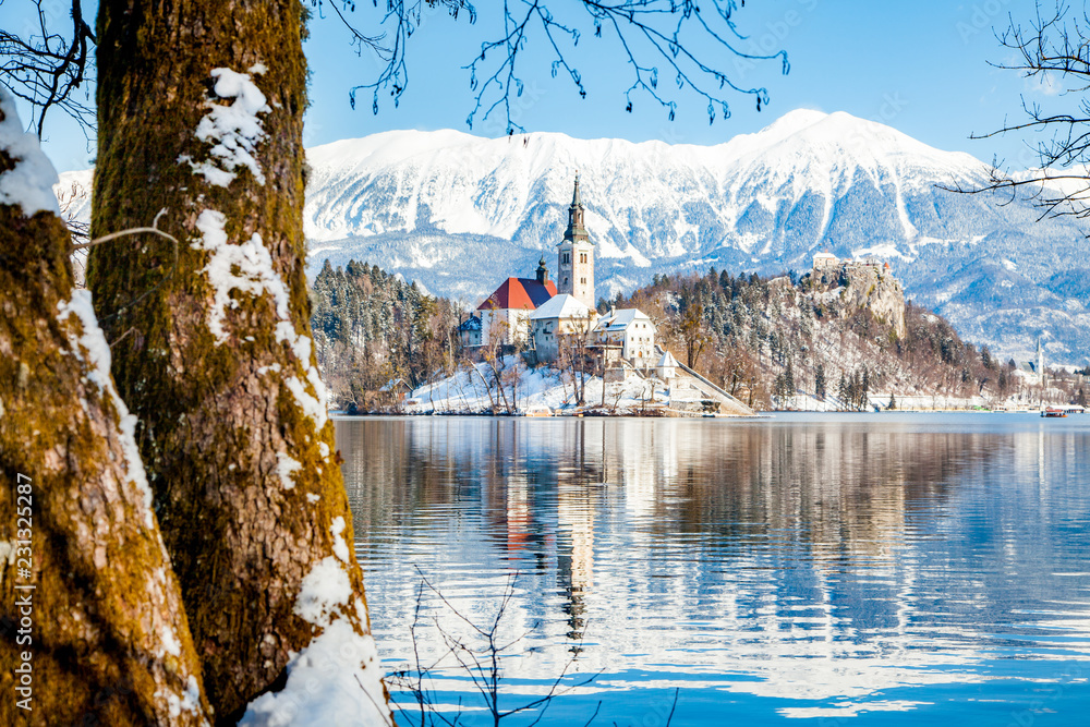 Lake Bled with Bled Island and Castle in winter, Slovenia
