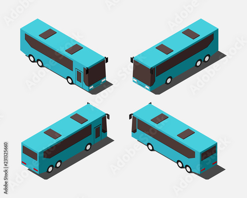 Isometric coach buses in four different positions vector illustration.