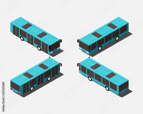 Isometric low floor city buses in four different positions vector illustration.