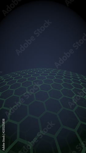 Multilayer sphere of honeycombs, gray turquoise on a dark background, social network, computer network, technology, global network. 3D illustration