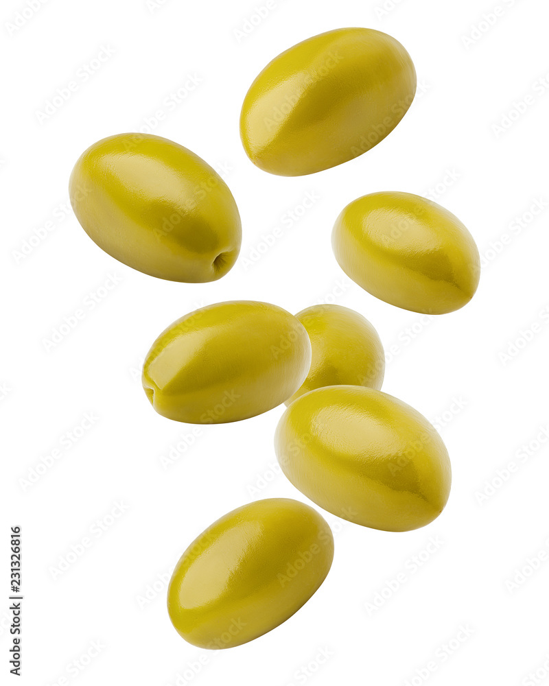 Falling olive isolated on white background, clipping path, full depth of field Falling olive isolated on white background, clipping path, full depth of field