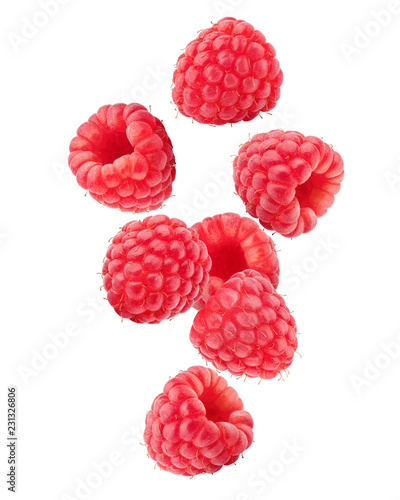 Falling Raspberry isolated on white background, clipping path, full depth of field photo