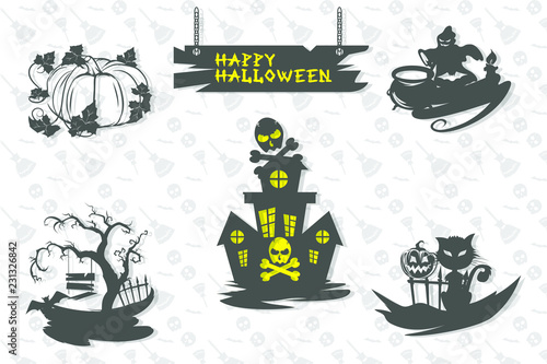 Set of halloween silhouette illustration with seamless pattern background