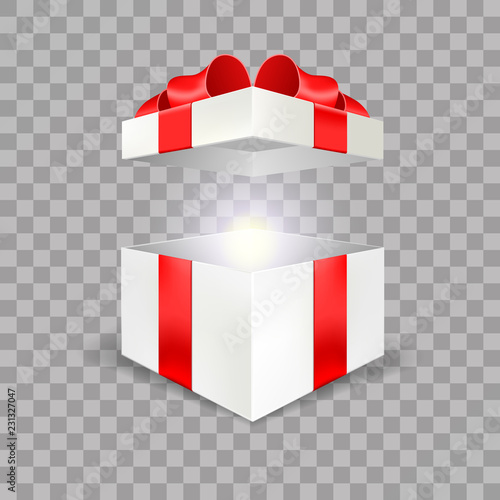 Opened white gift box empty angle front view 3D with red bow and lights isolated in transparent background easy to replace for your design and logo. Realistic blank Package free gifts banner