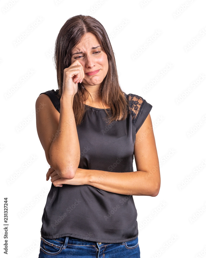 Young woman crying on white background Young woman crying on white background