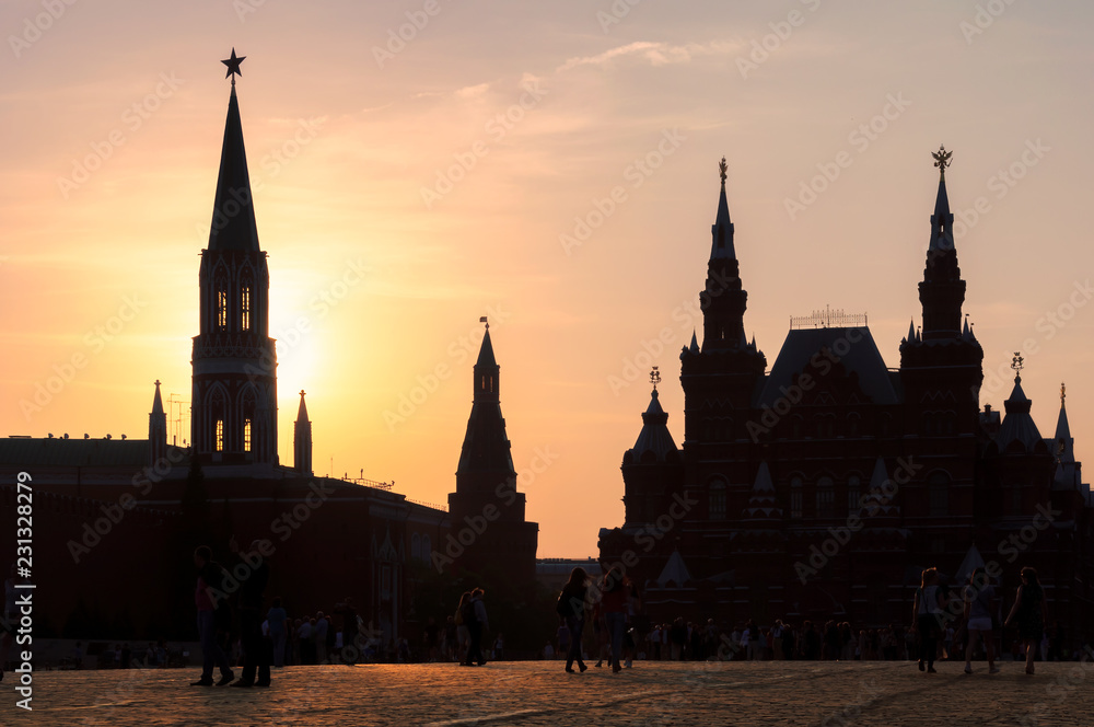 Moscow Red square, silhouette of Kremlin, towers at sunset. Moscow Russia.