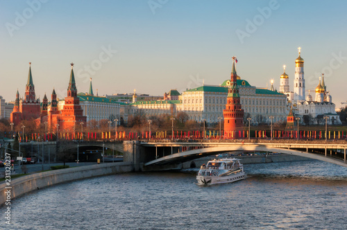 Moscow skyline with Moscow river, Kremlin Wall and towers. Moscow Russia.