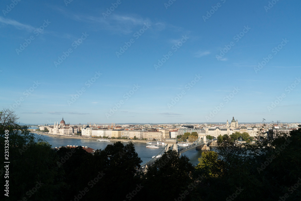 A landscape view of the Hungarian parliament building in the Budapest