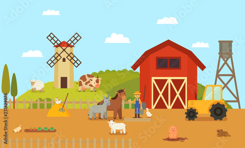 Farm or Ranch with Cartoon Characters Illustration