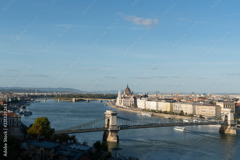 The Chain Bridge (Szechenyi Lanchid) at Budapest with parliament