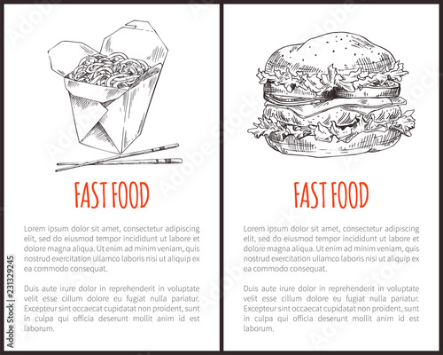 Fastfood Set Hamburger Noodles Vector Illustration