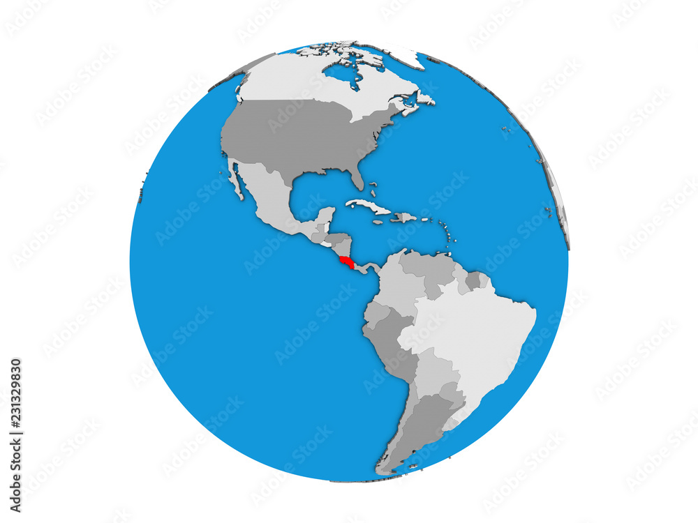 Costa Rica on blue political 3D globe. 3D illustration isolated on white background.