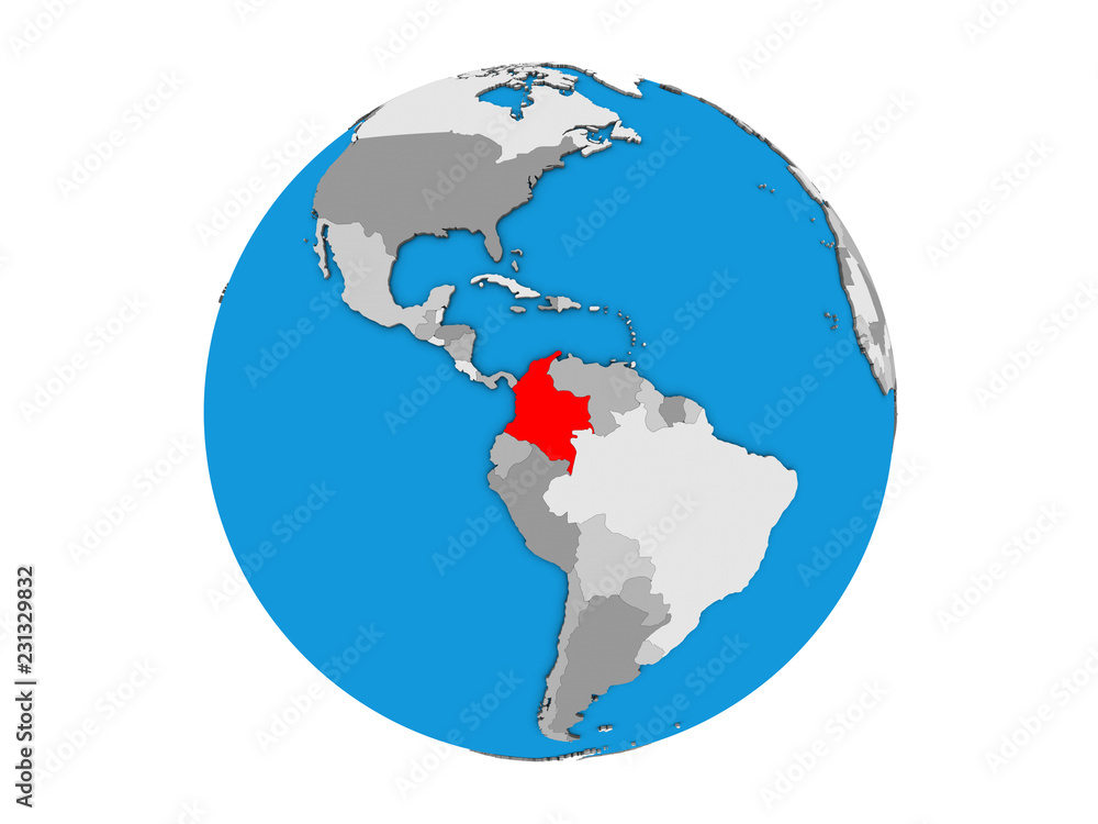 Colombia on blue political 3D globe. 3D illustration isolated on white background.