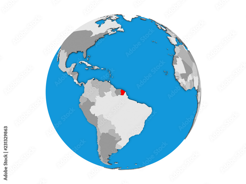 French Guiana on blue political 3D globe. 3D illustration isolated on white background.