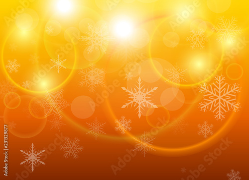 Christmas background with snowflakes, orange lights snow background