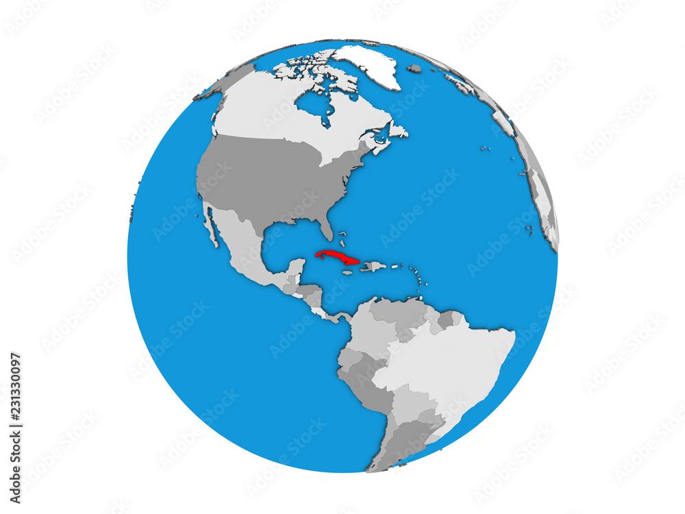 Cuba on blue political 3D globe. 3D illustration isolated on white background. Cuba on blue political 3D globe. 3D illustration isolated on white background.
