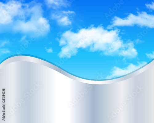 Background blue sky with white clouds and silver wave