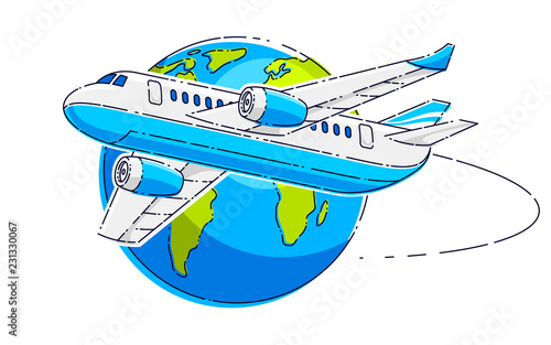 Airlines air travel emblem or illustration with plane airliner and planet earth. Beautiful thin line vector isolated over white background.