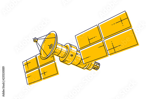 Artificial orbital satellite floating in weightlessness in open space, spacecraft space station, science and communication technology. Thin line 3d vector illustration isolated on white background.