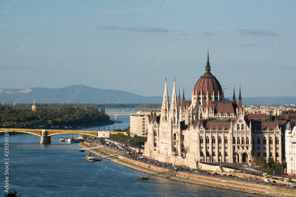 A landscape view of the Hungarian parliament building in the Budapest