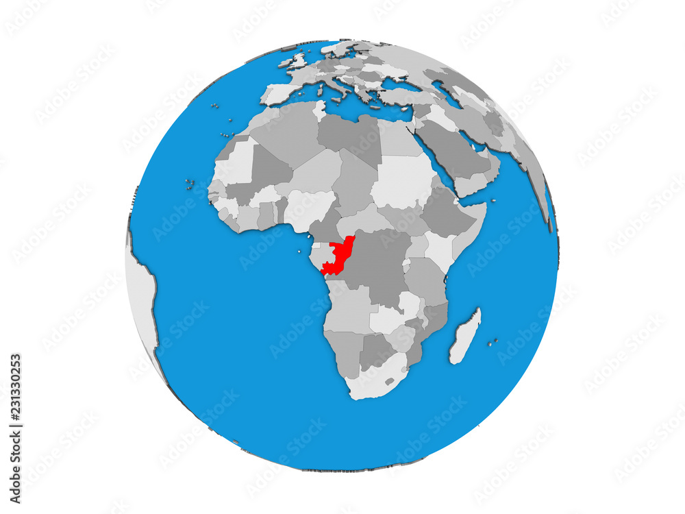Congo on blue political 3D globe. 3D illustration isolated on white background.