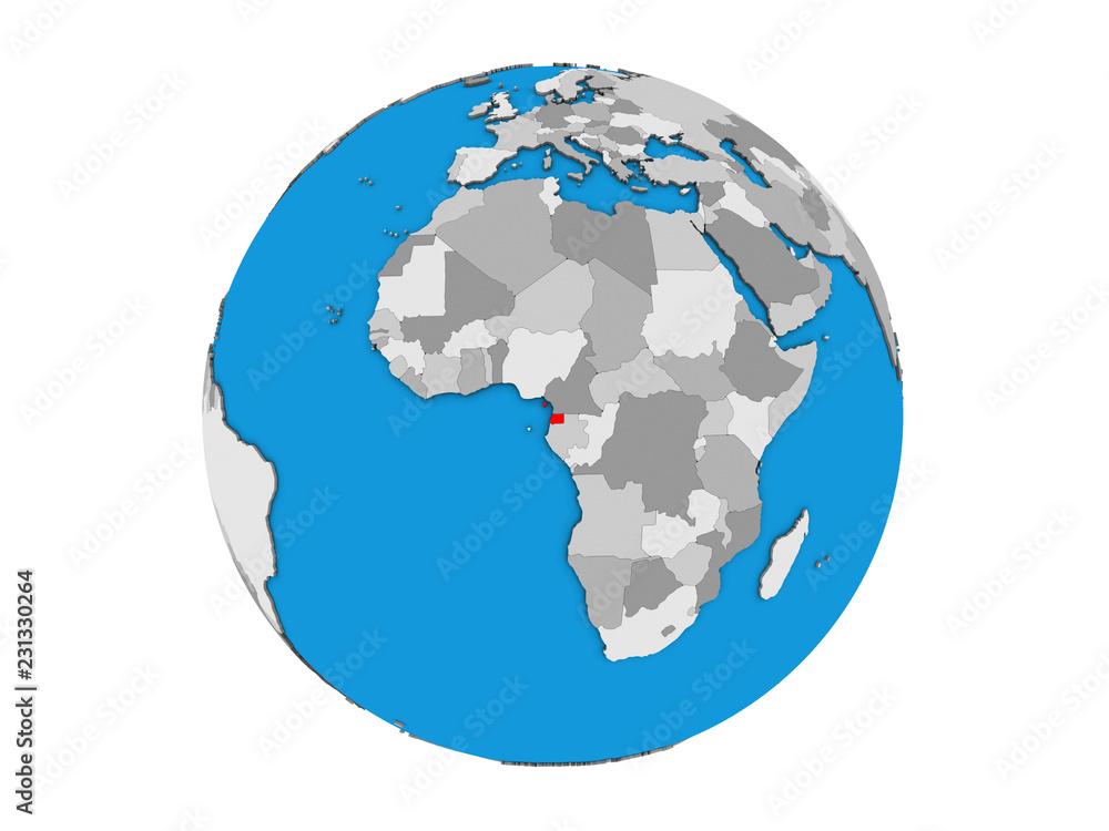 Equatorial Guinea on blue political 3D globe. 3D illustration isolated on white background.