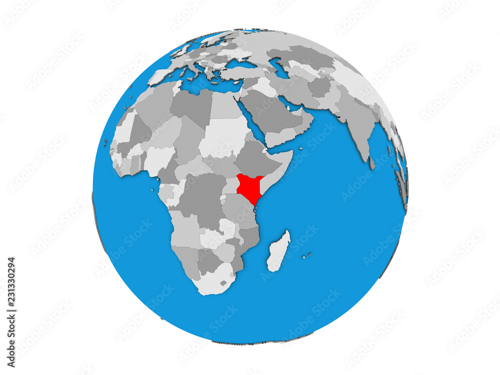 Naklejka premium Kenya on blue political 3D globe. 3D illustration isolated on white background.