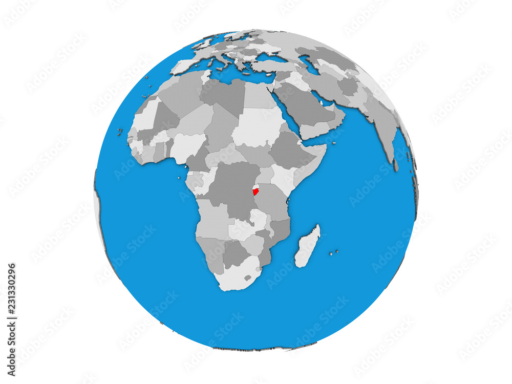 Burundi on blue political 3D globe. 3D illustration isolated on white background.