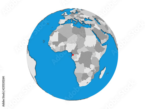 Equatorial Guinea on blue political 3D globe. 3D illustration isolated on white background.