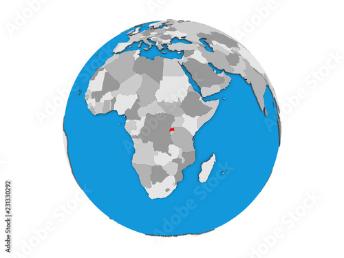 Rwanda on blue political 3D globe. 3D illustration isolated on white background.
