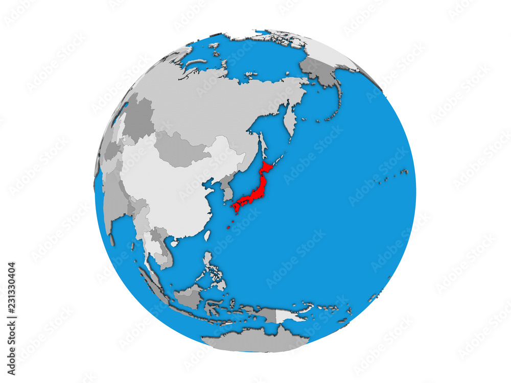 Japan on blue political 3D globe. 3D illustration isolated on white background.