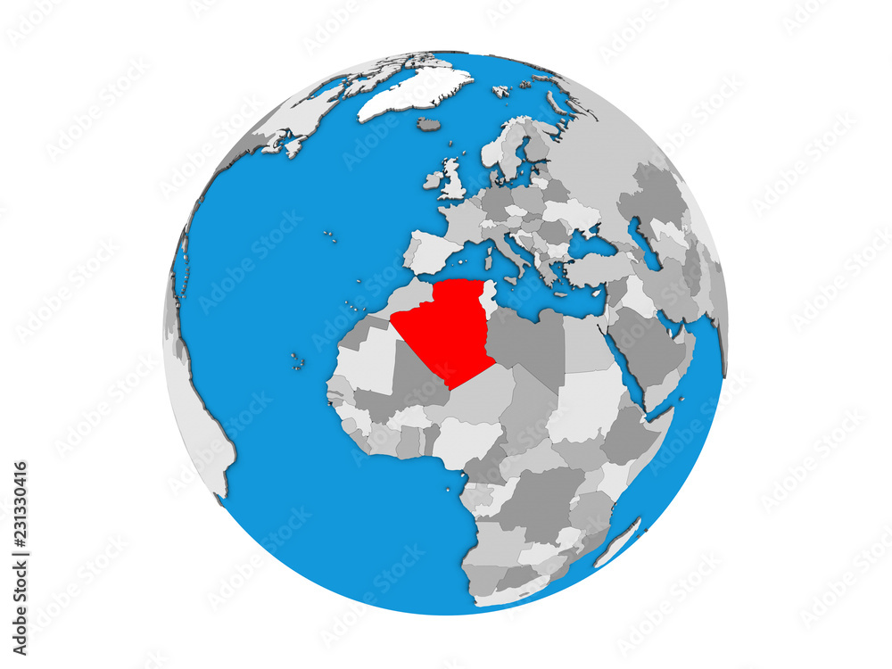 Fototapeta premium Algeria on blue political 3D globe. 3D illustration isolated on white background.