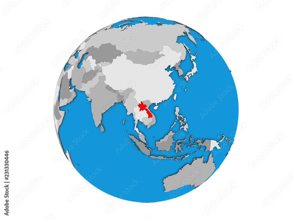 Fototapeta premium Laos on blue political 3D globe. 3D illustration isolated on white background.