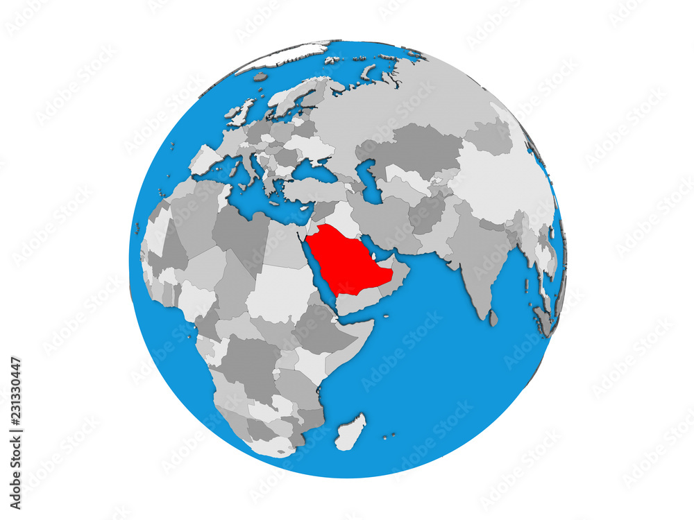 Saudi Arabia on blue political 3D globe. 3D illustration isolated on white background.