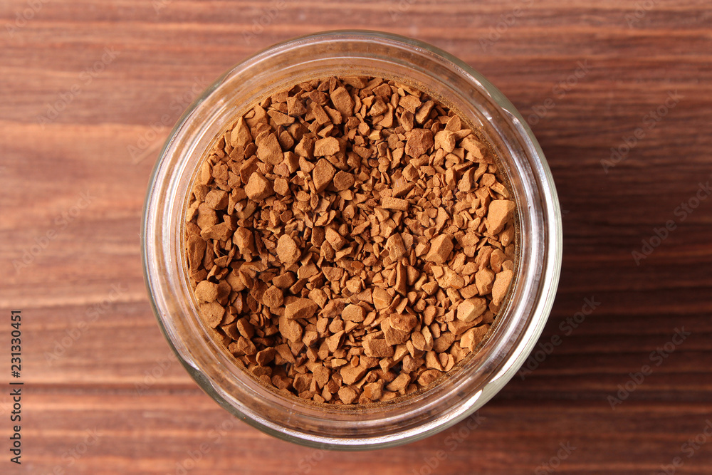 instant coffee in a jar closeup. Flavored coffee instant coffee in a jar closeup. Flavored coffee
