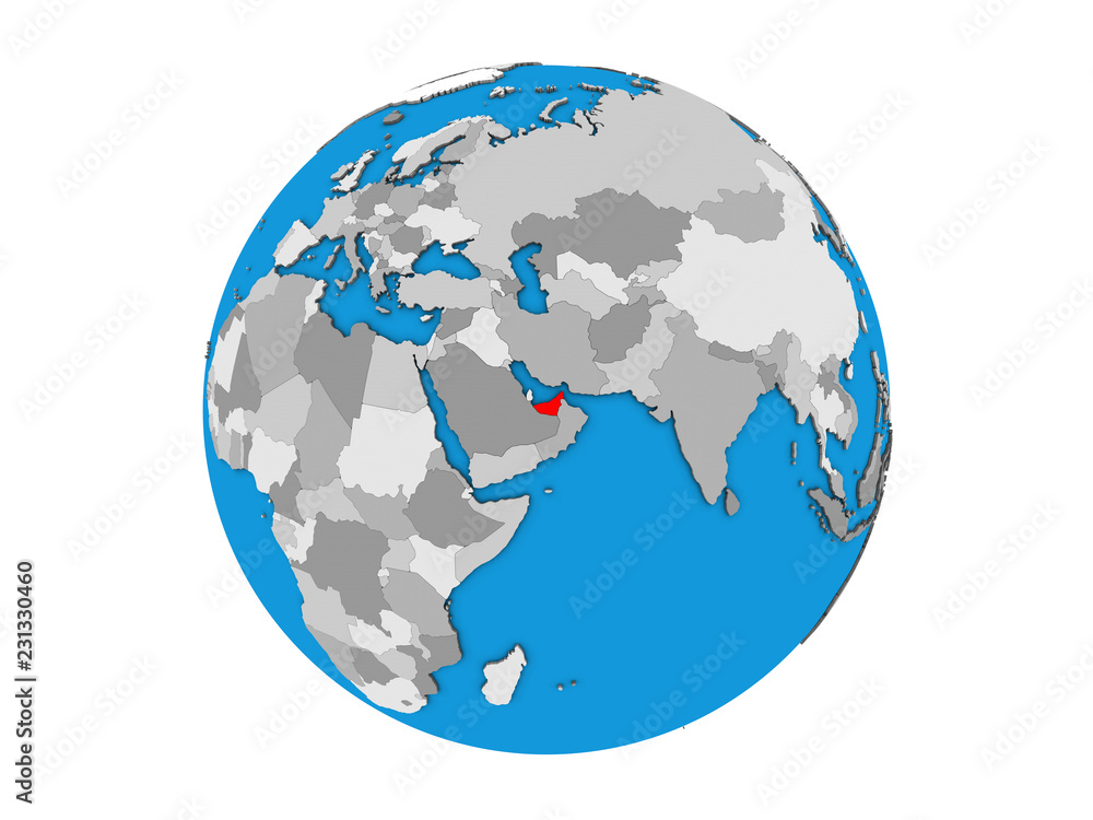 Fototapeta premium United Arab Emirates on blue political 3D globe. 3D illustration isolated on white background.