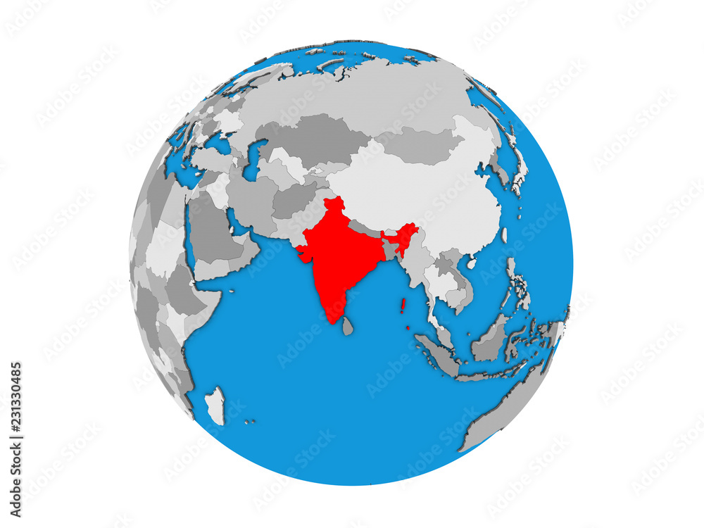 India on blue political 3D globe. 3D illustration isolated on white background.