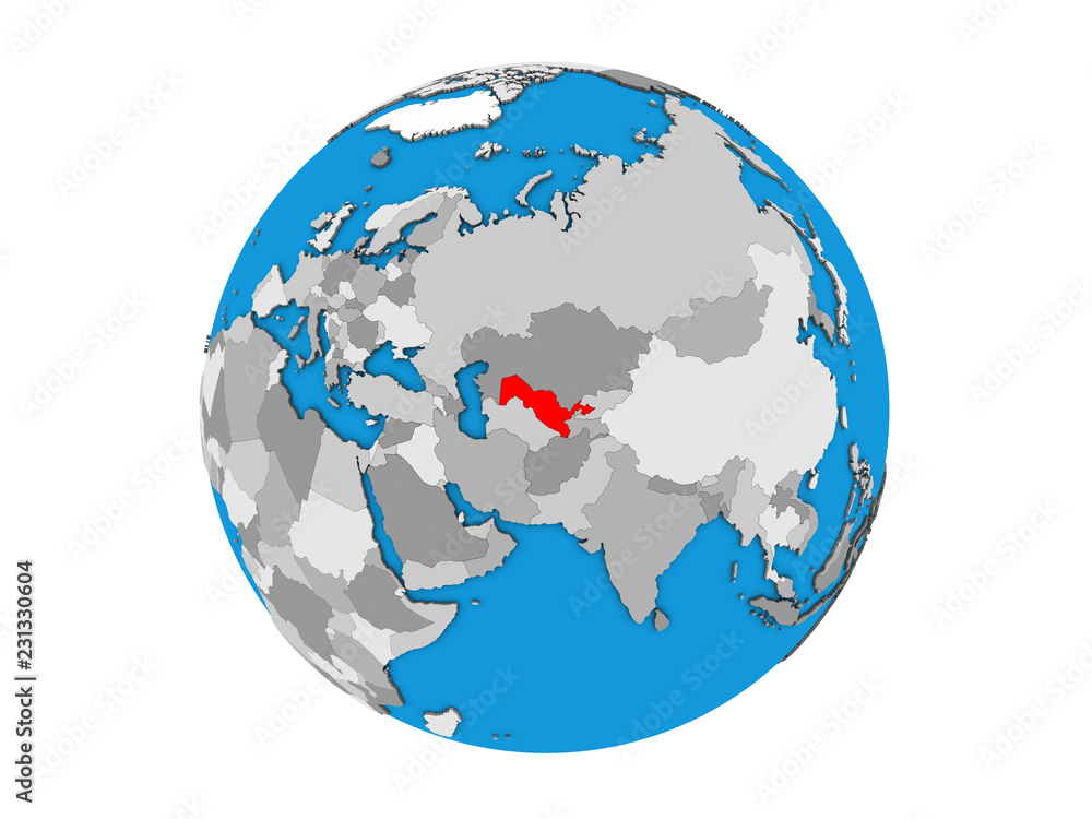 Uzbekistan on blue political 3D globe. 3D illustration isolated on white background.
