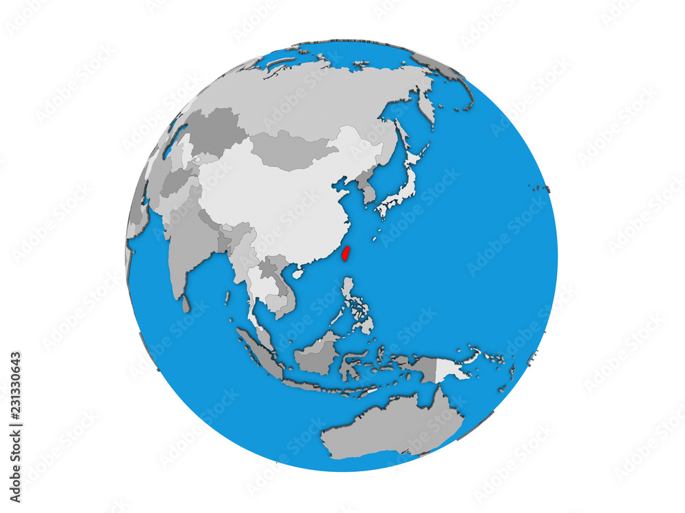 Naklejka premium Taiwan on blue political 3D globe. 3D illustration isolated on white background.