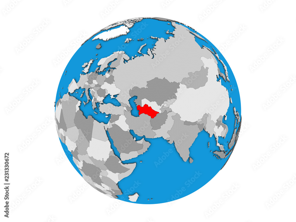 Turkmenistan on blue political 3D globe. 3D illustration isolated on white background. Turkmenistan on blue political 3D globe. 3D illustration isolated on white background.