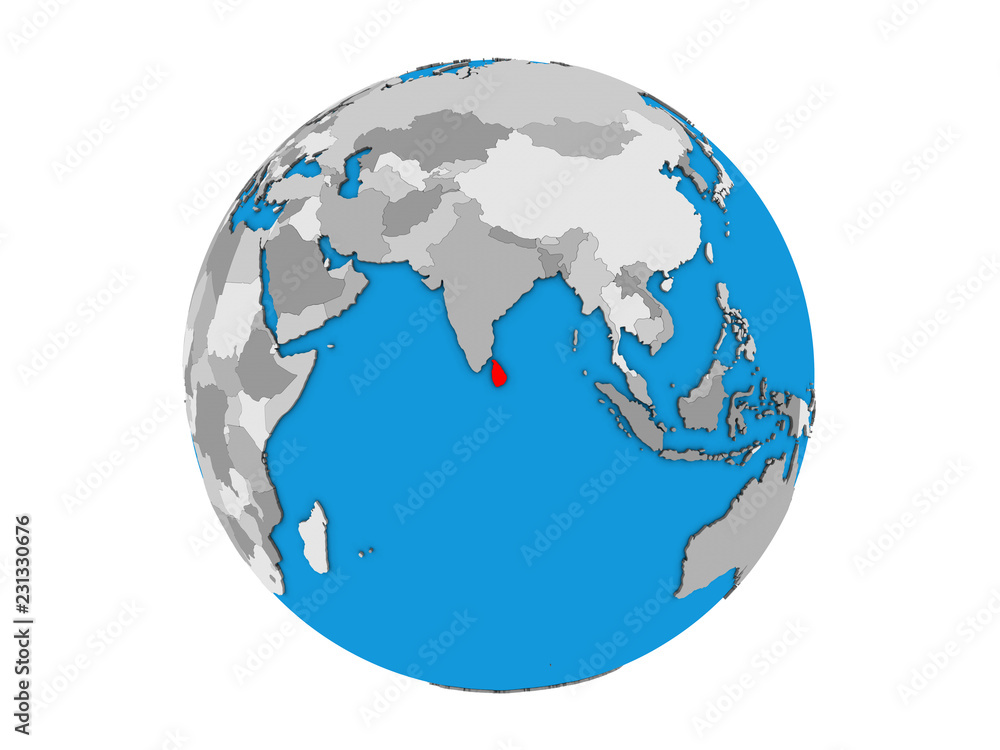 Sri Lanka on blue political 3D globe. 3D illustration isolated on white background.