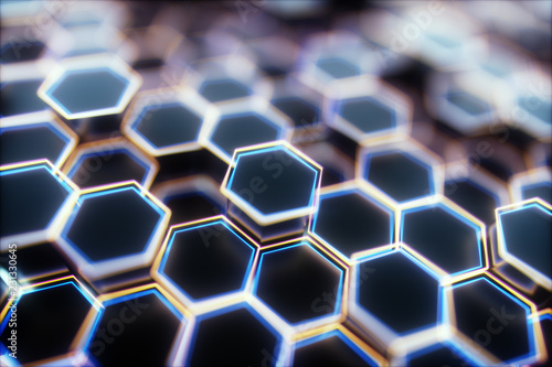Black abstract hexagon background, 3d rendering honeycomb background with bright edges.