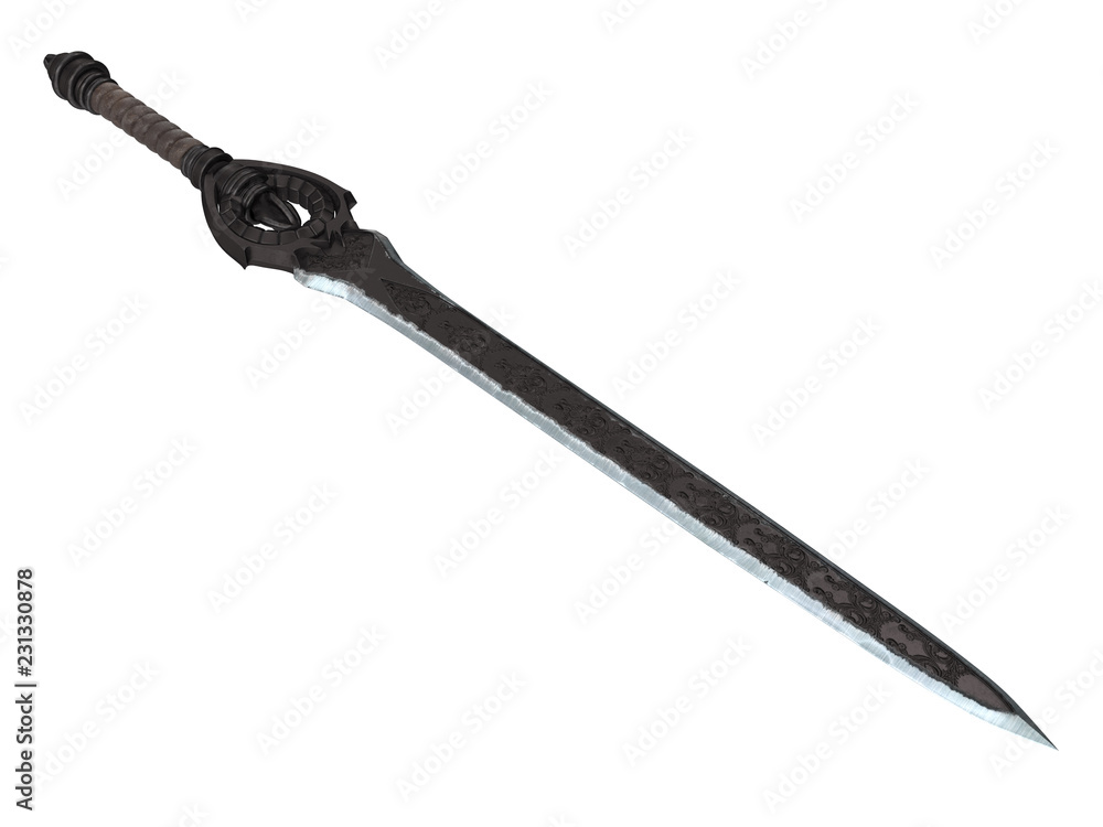 Fantasy longsword with large guard on an isolated white background. 3d illustration Fantasy longsword with large guard on an isolated white background. 3d illustration