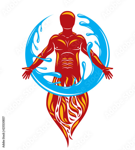 Vector illustration of human being standing, mythic ancient god. Prometheus surrounded by a water ball, water and fire diversity and harmony.