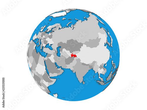 Tajikistan on blue political 3D globe. 3D illustration isolated on white background.