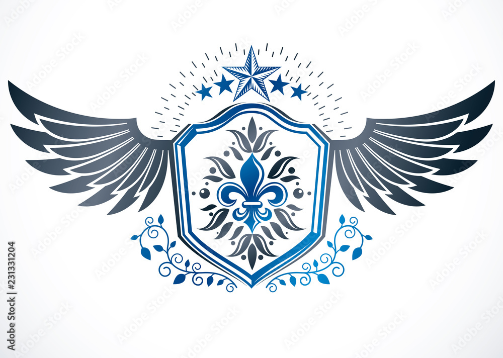 Heraldic sign made with vector elements, heraldry insignia composed with lily flower royal symbol and pentagonal stars Heraldic sign made with vector elements, heraldry insignia composed with lily flower royal symbol and pentagonal stars