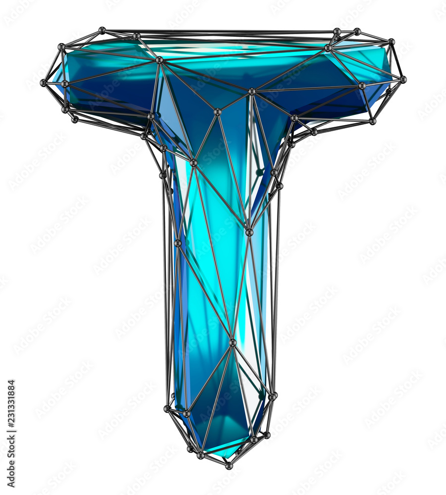 Obraz premium Capital latin letter T in low poly style blue color isolated on white background