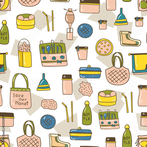 Vector illustration with cartoon hand drawn zero waste life objects