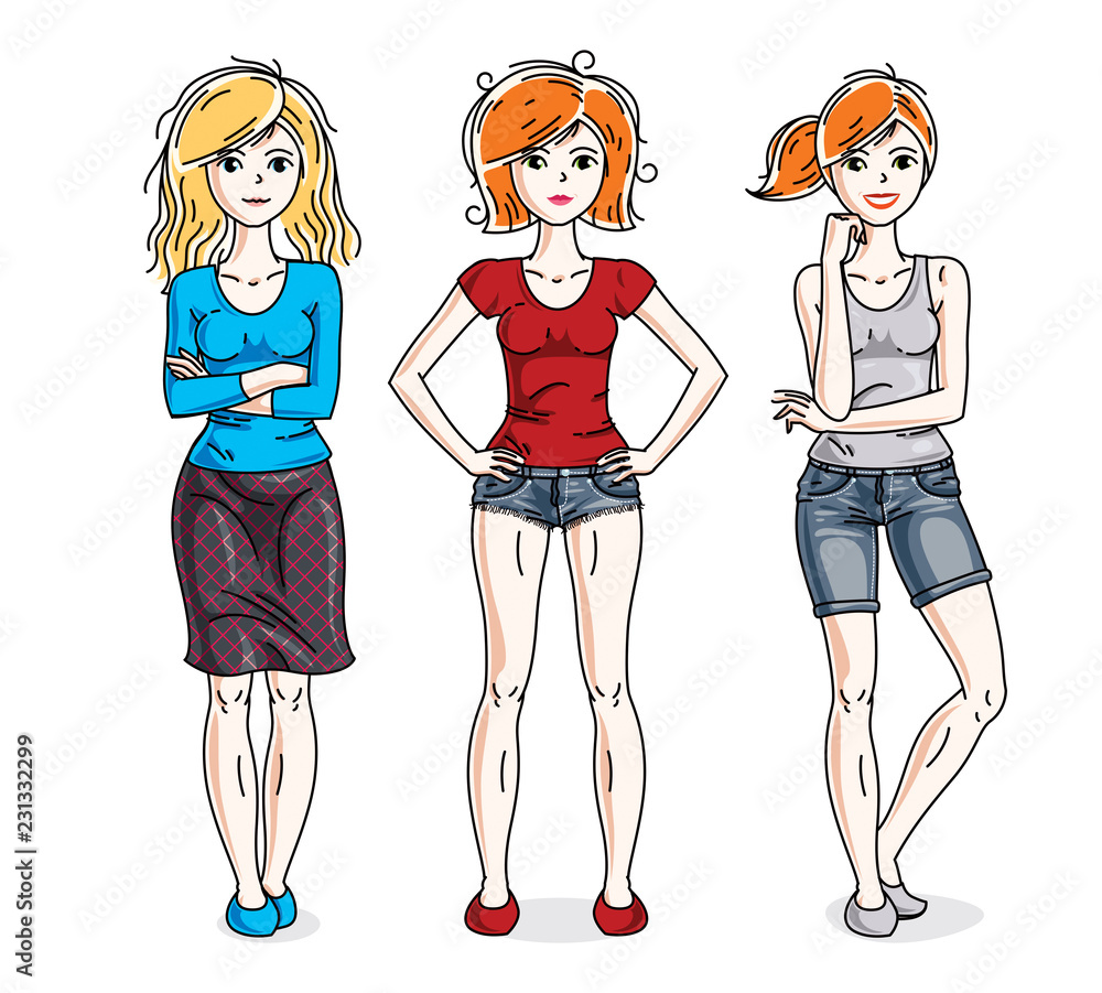 Happy cute young adult girls standing wearing casual clothes. Vector diversity people illustrations set. Fashion and lifestyle theme cartoons. Happy cute young adult girls standing wearing casual clothes. Vector diversity people illustrations set. Fashion and lifestyle theme cartoons.