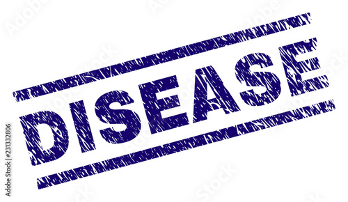 DISEASE seal watermark with scratced style. Blue vector rubber print of DISEASE text with corroded texture. Text tag is placed between parallel lines.